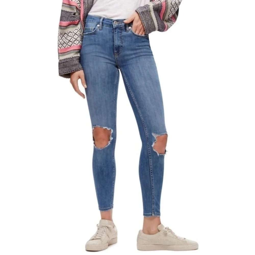 NWT Free People Mid Stone Blue Busted Knee High Rise Skinny Jeans 30 Indie Boho
